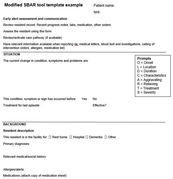 modified SBAR tool template