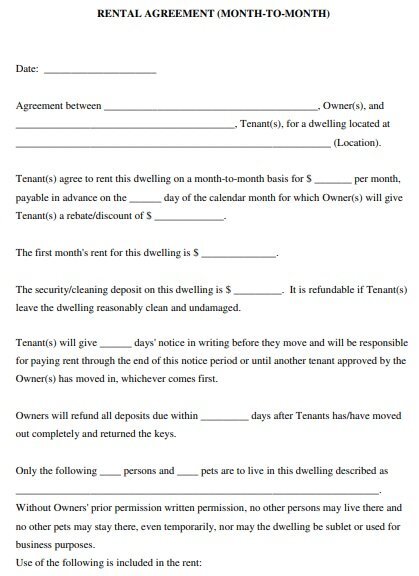 monthly room rental agreement template