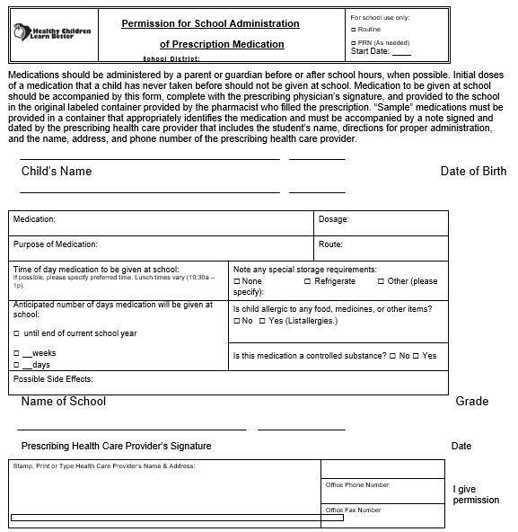 permission for school administration of prescription medication