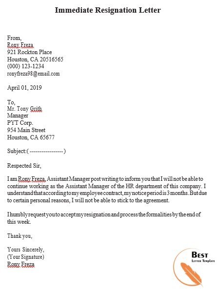 printable immediate resignation letter 6