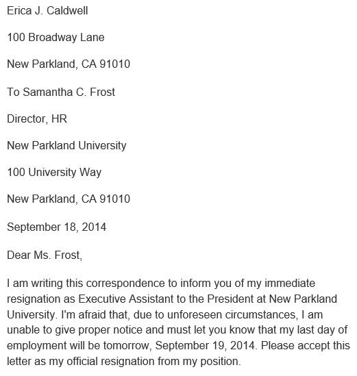printable immediate resignation letter