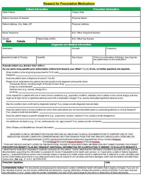 request for prescription medications
