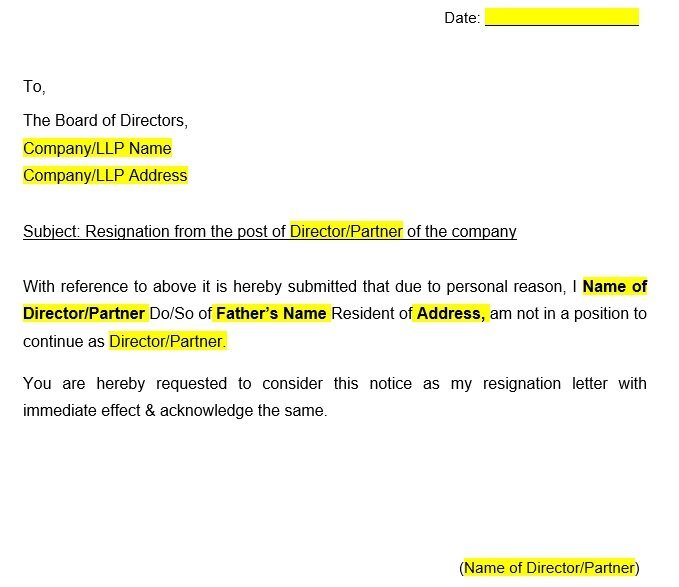 resignation letter of director in company