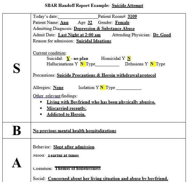 sbar handoff report example