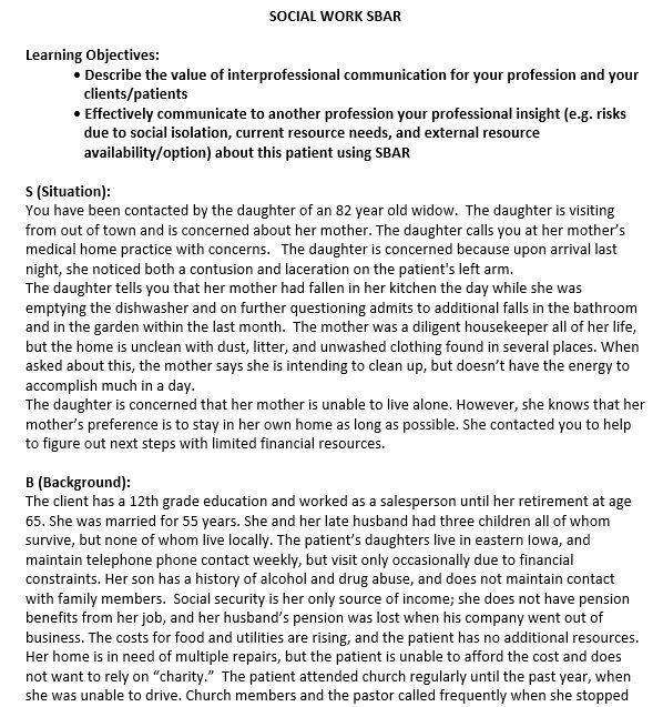 social work sbar template