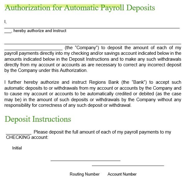 authorization for automatic payroll deposits