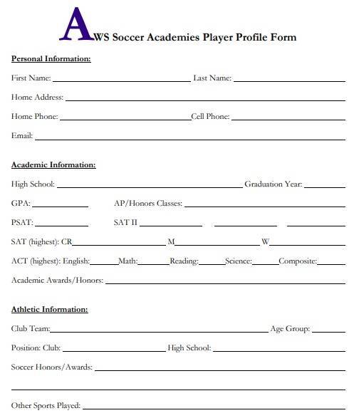 aws soccer academies player profile form