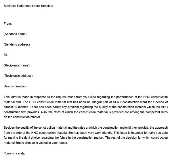 business reference letter template