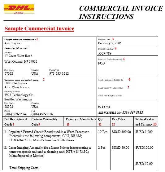 commercial invoice sample template