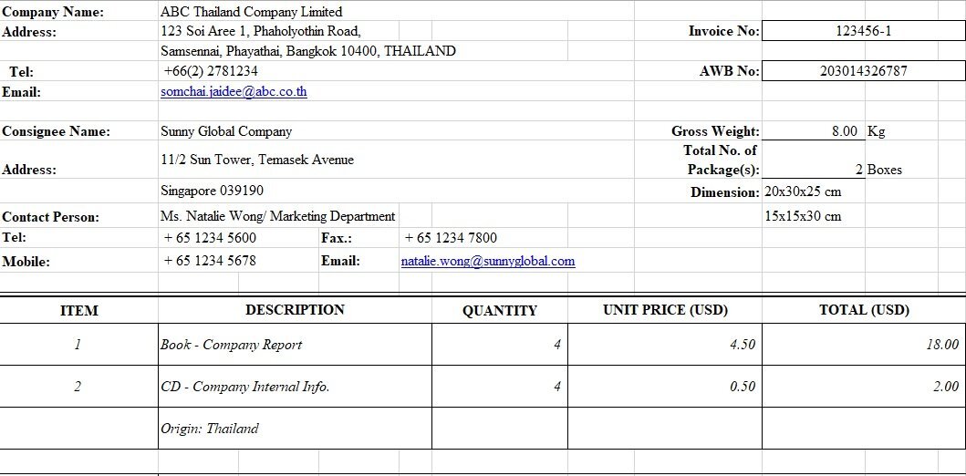 commercial invoice spreadsheet