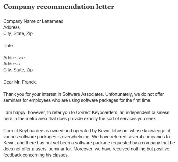 company recommendation letter