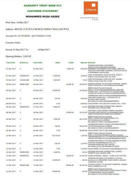customer bank statement template