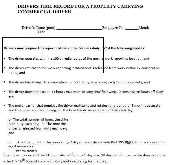 drivers time record for a property carrying commercial driver