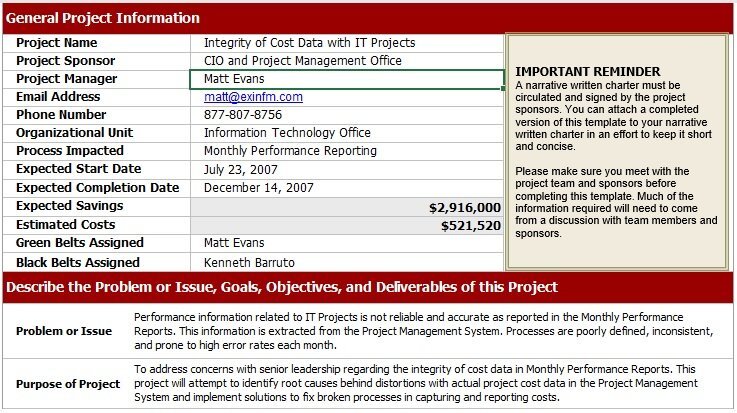 free project charter template excel