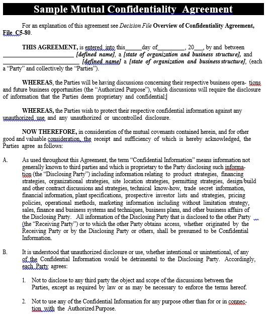 mutual confidentiality agreement template
