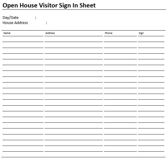 open house visitor sign in sheet