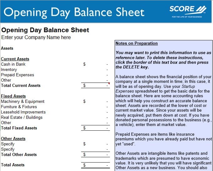 opening day balance sheet template
