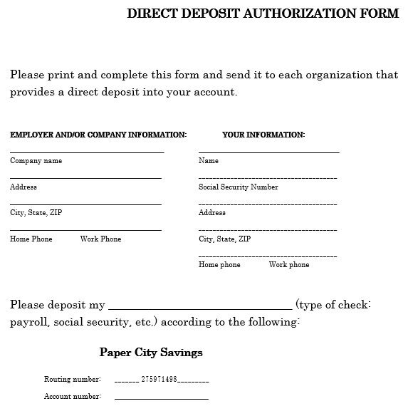 printable direct deposit authorization form 10