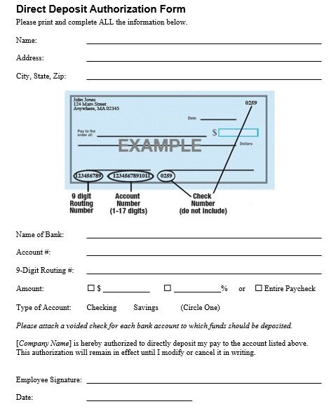 printable direct deposit authorization form 20