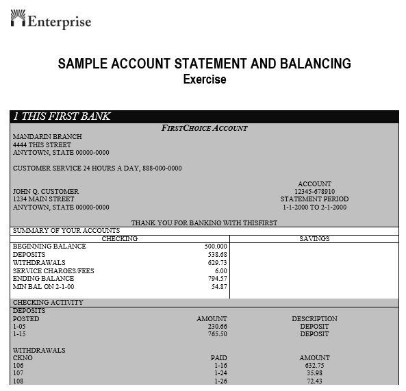 sample account statement and balance exercises