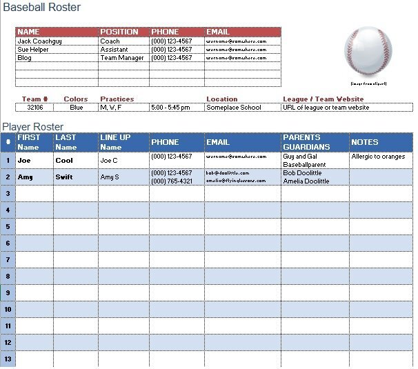 baseball roster template