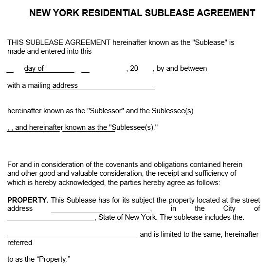 new york residential sublease agreement template
