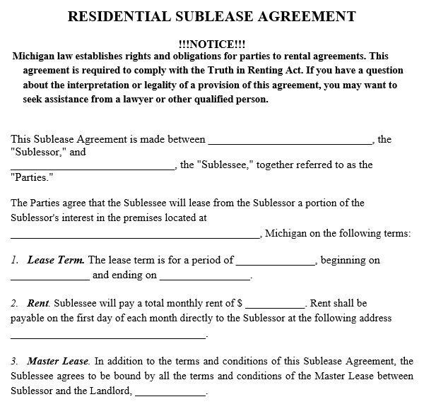 residential sublease agreement template