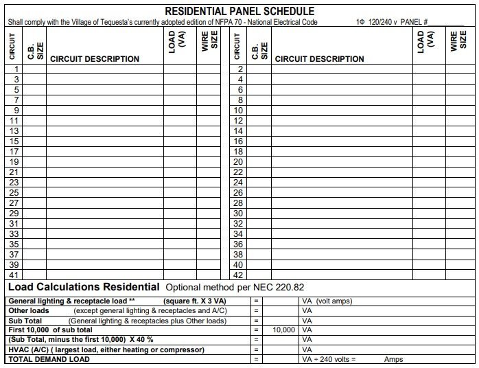 schedule for residential panel template