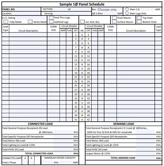 single phase panel schedule template