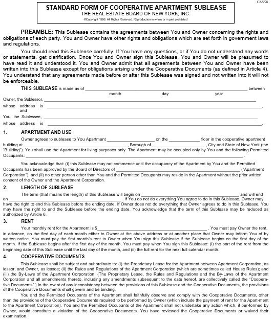 standard form of cooperative apartment sublease
