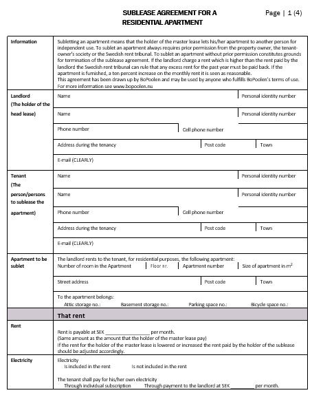 sublease agreement for a residential apartment