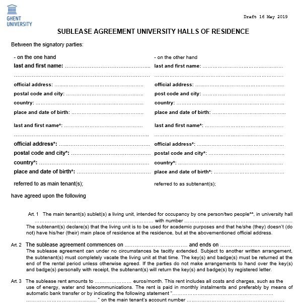 sublease agreement university halls of residence