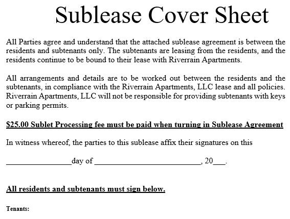 sublease cover sheet