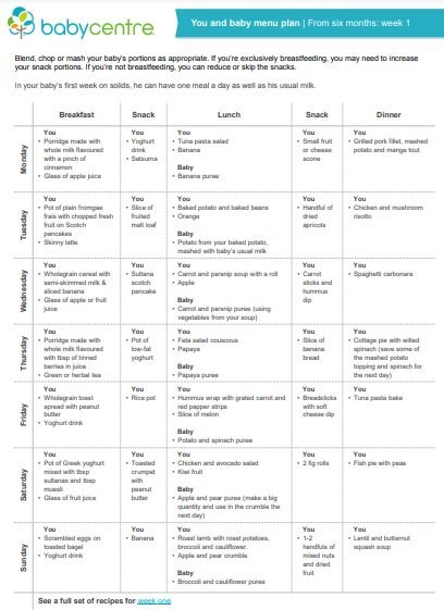 baby weekly meal planner template