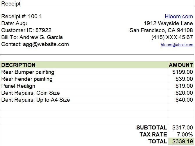 basic service receipt spreadsheet