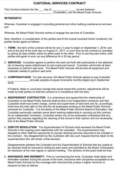 custodial cleaning service contract template