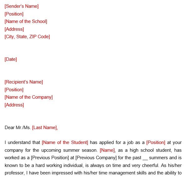 printable high school recommendation letter 1