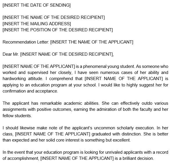 printable high school recommendation letter