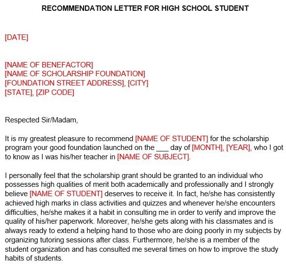 recommendation letter for high school student