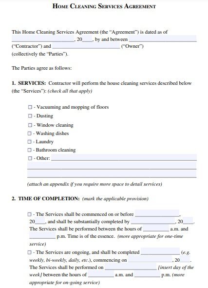 residential cleaning services contract template