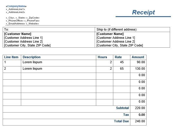 sample receipt template word