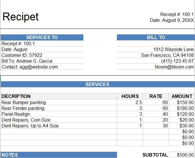 sample service receipt spreadsheet