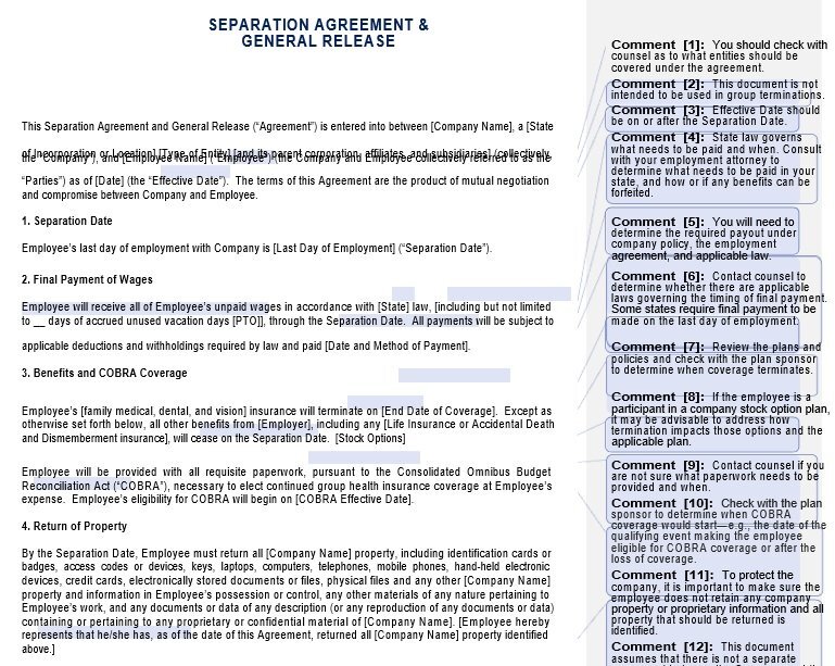 separation agreement and general release template