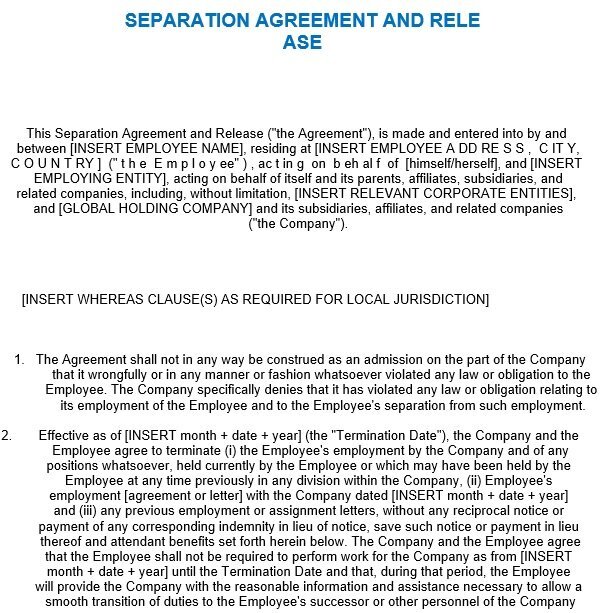 separation agreement and release sample