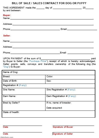 bill of sale and sales contract for dog or puppy