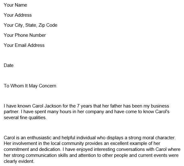 character recommendation letter for friend