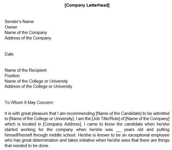 college recommendation letter sample