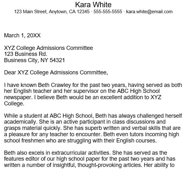 college recommendation letter template