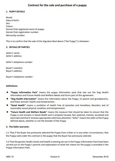 contract for the sale and purchase of a puppy