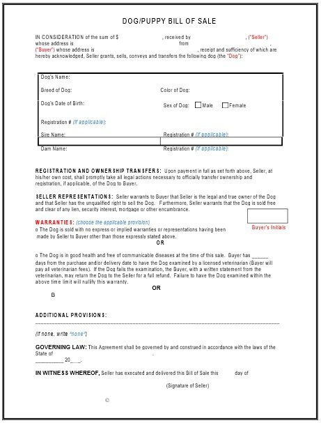 dog bill of sale template